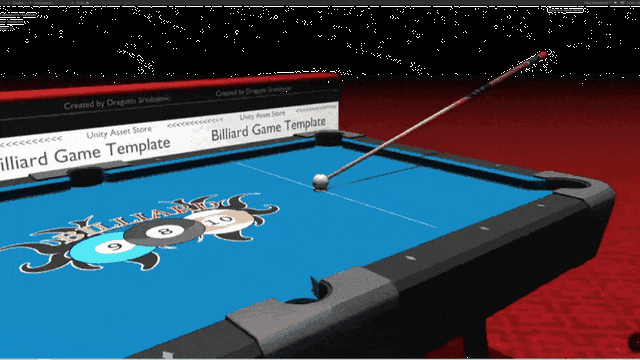 Animated Billiard Template perspective view showing cue aiming toward the cue ball.