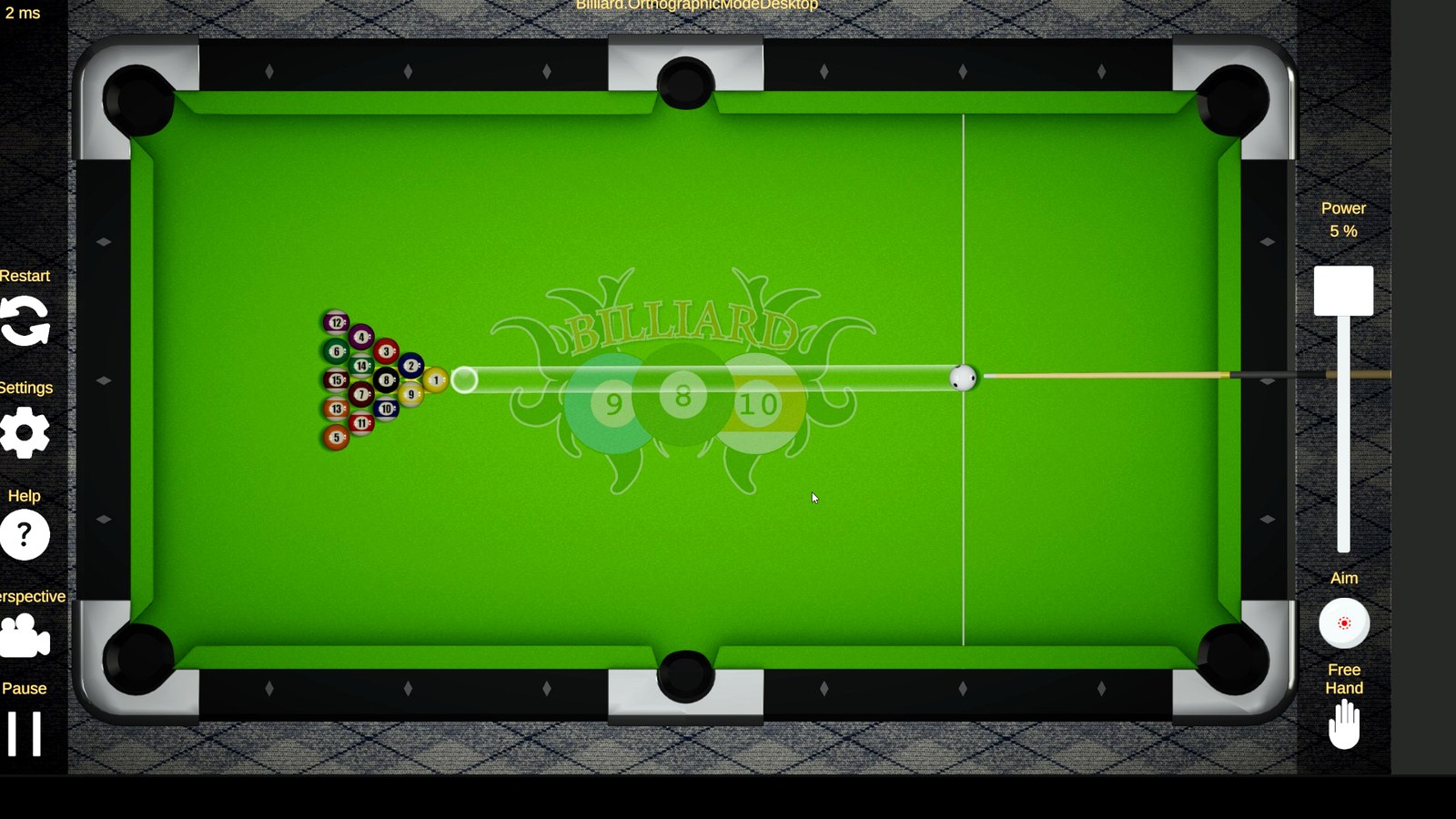 Billiard Template desktop gameplay view with aiming line, power slider and camera controls.
