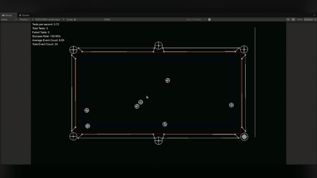 Animated Billiard Template physics debug view showing table bounds, pockets and ball simulation markers.