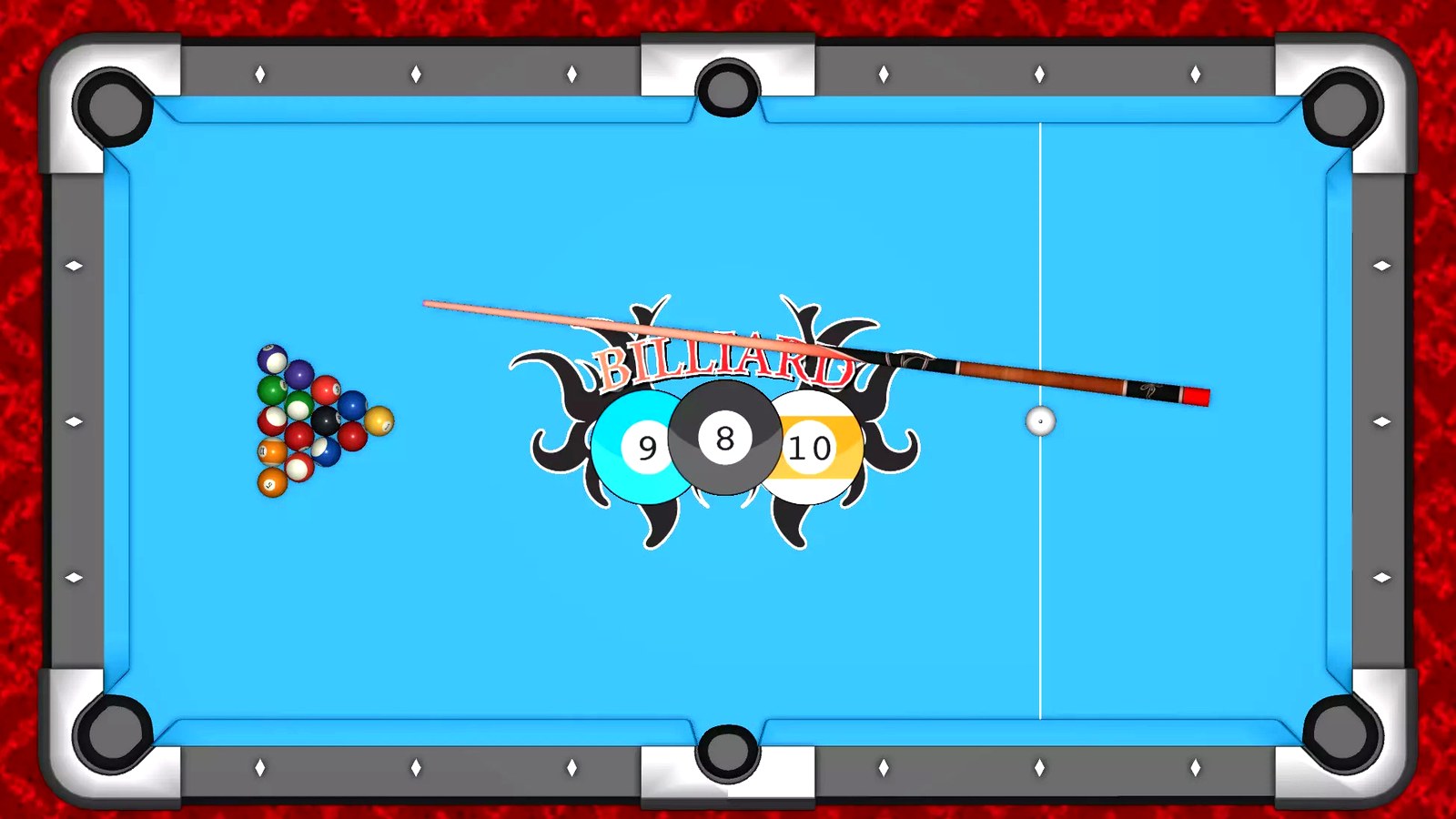 Billiard Template blue table theme with racked balls, cue and centered game logo.