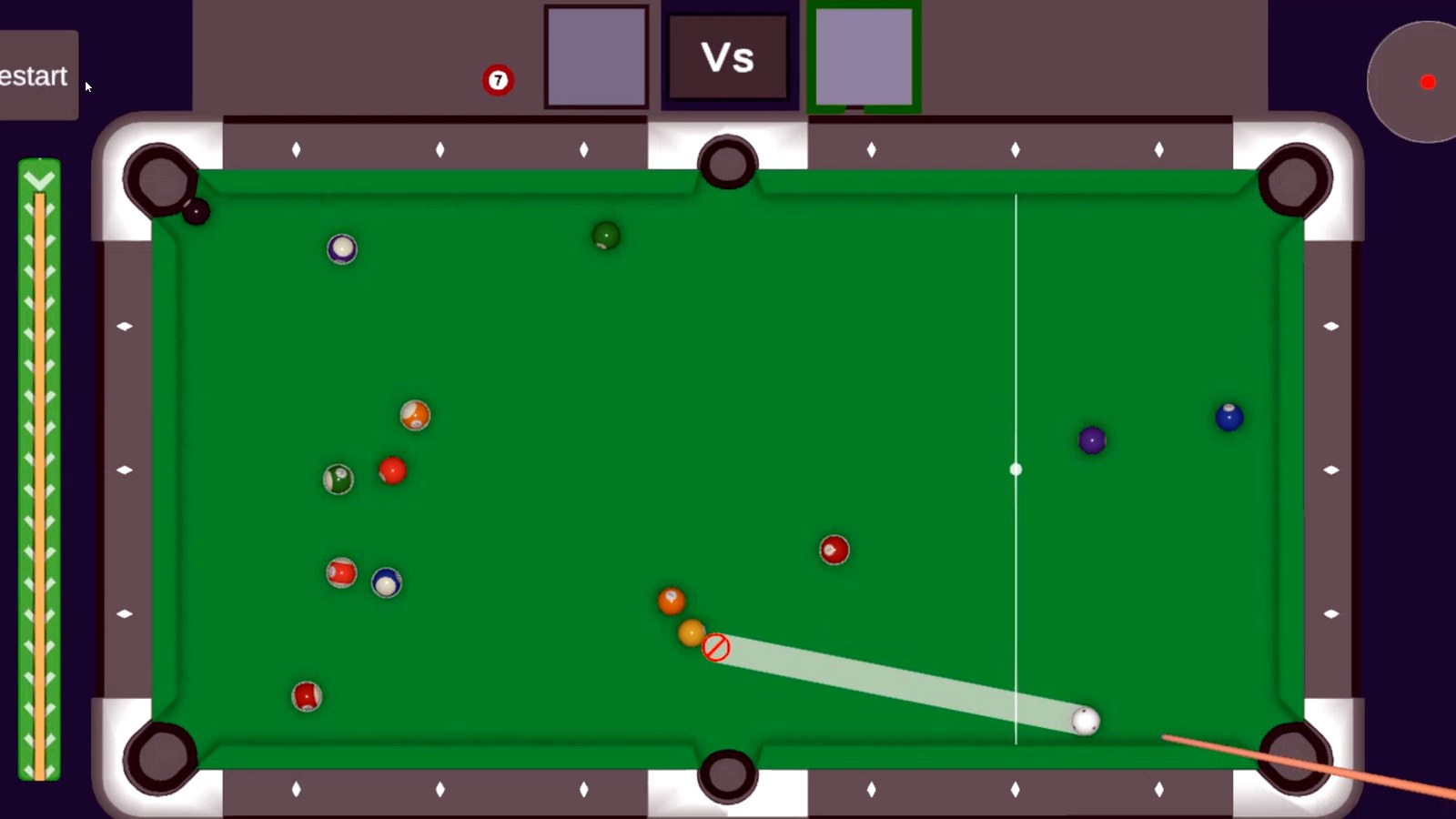 Top-down Billiard Template gameplay with scattered balls, shot direction preview and player UI.