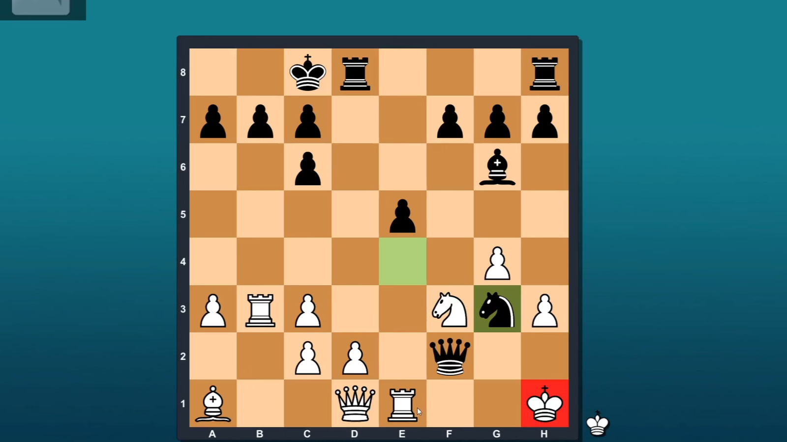 Chess Engine Unity board showing a checked white king and active black attack.