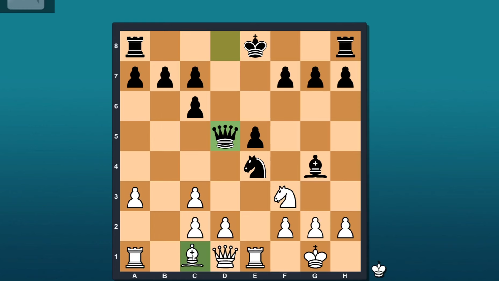 Chess Engine Unity board showing a midgame position with active queen and bishop pressure.