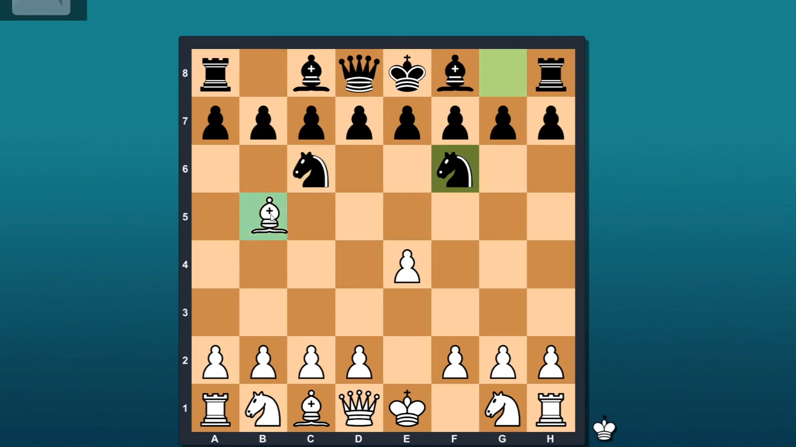 Chess Engine Unity board showing an early tactical position with highlighted moves.