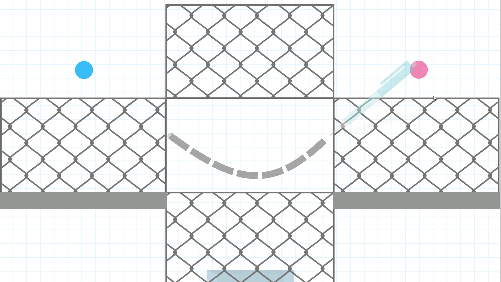 Drawing Game level with two colored dots, mesh obstacles and a drawn curved path.