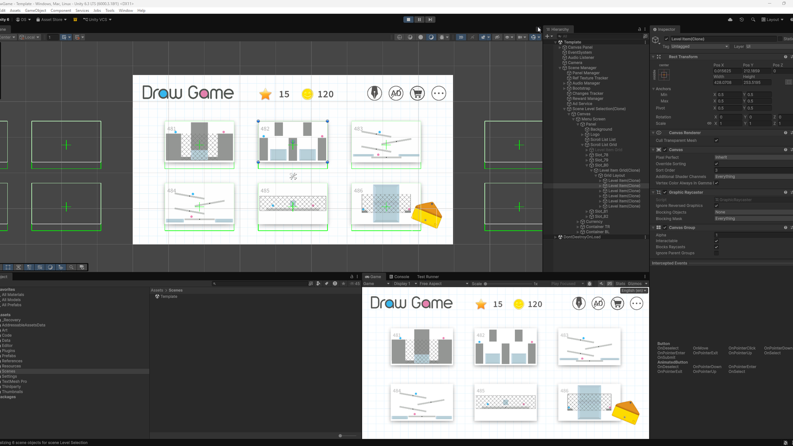 Unity editor view showing the Drawing Game level-selection screen, hierarchy and inspector.