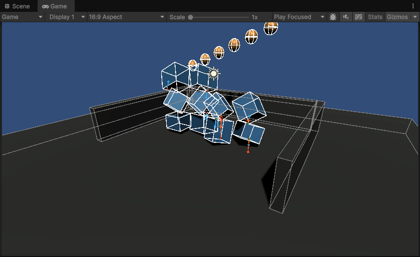 Animated Impulse physics demo of boxes tumbling and settling inside a container, with live contact markers.