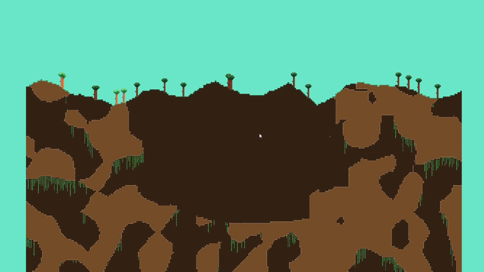 Marching Squares large generated cave network with layered dirt and vines.