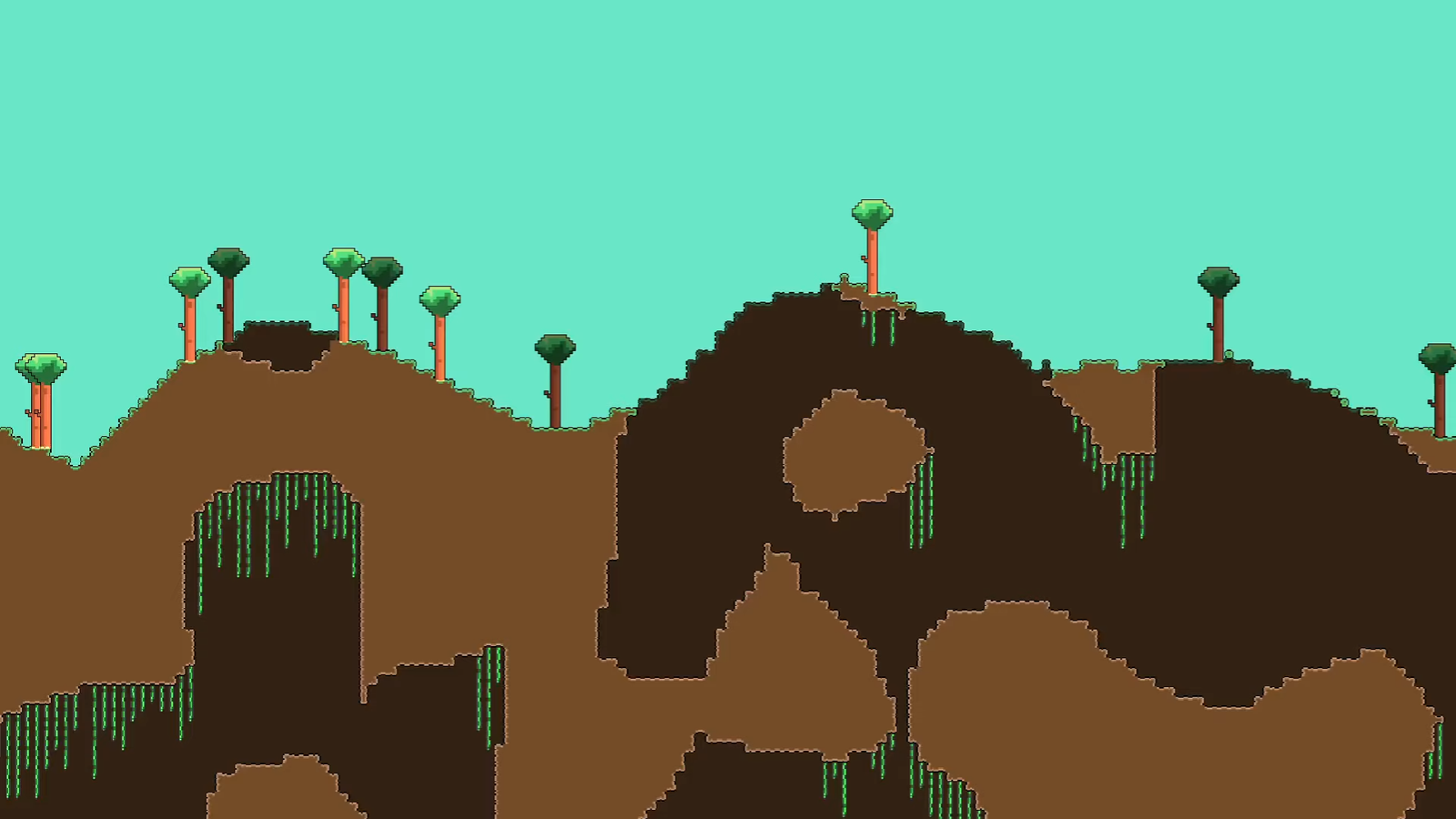 Marching Squares generated terrain with hills, caves, vines and trees.