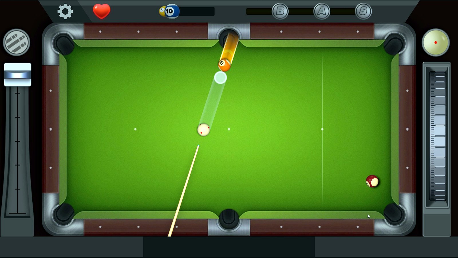 Android billiards game compact table view with cue, power meter and aiming guide.