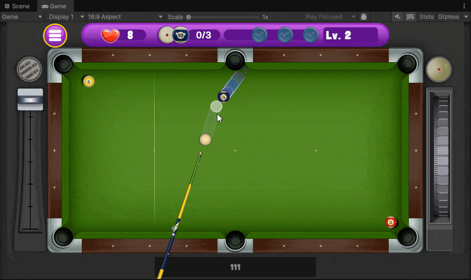 Animated Android billiards gameplay showing close cue aiming and shot alignment.