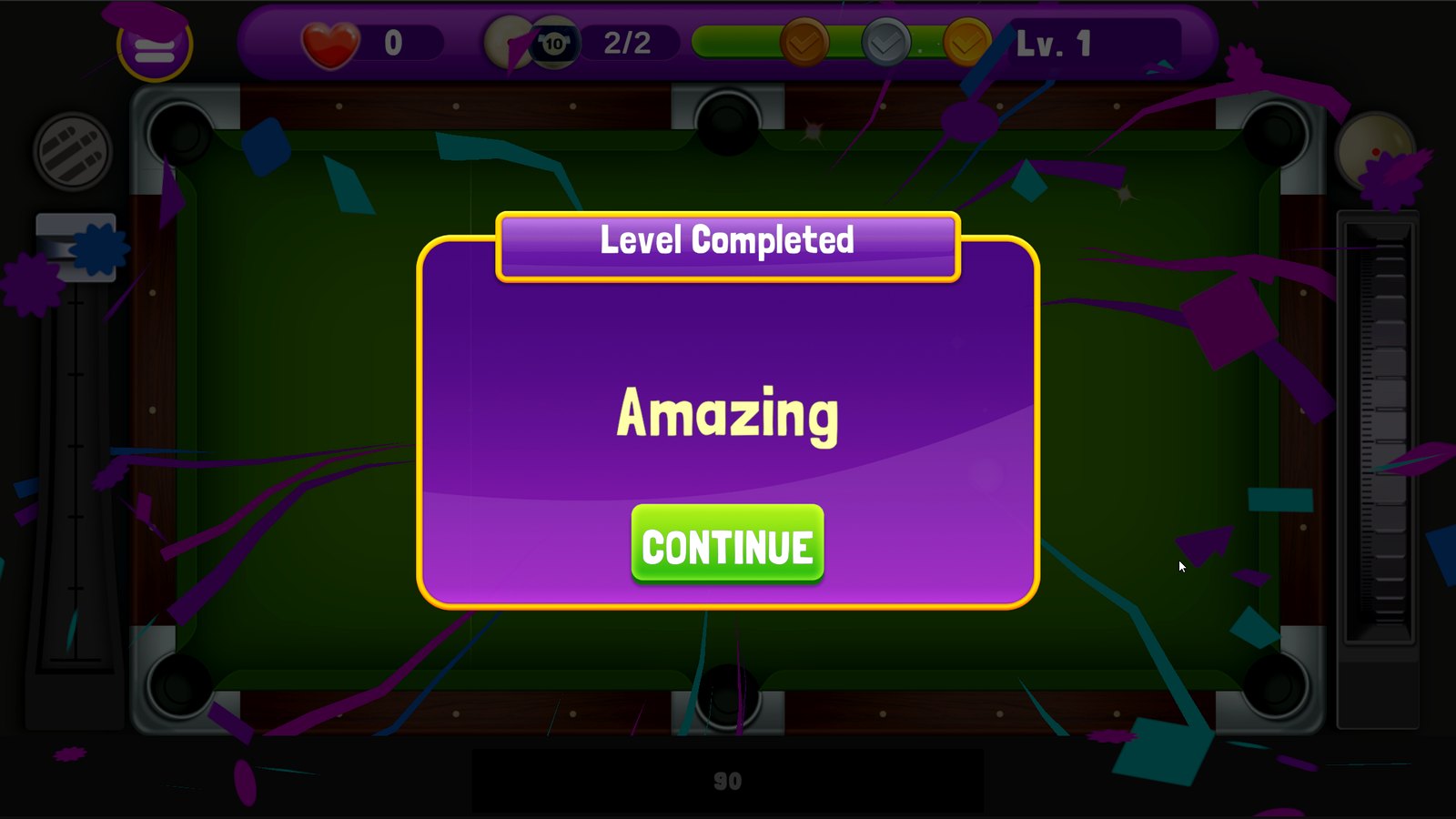 Android billiards game level completed screen with celebratory confetti and continue button.