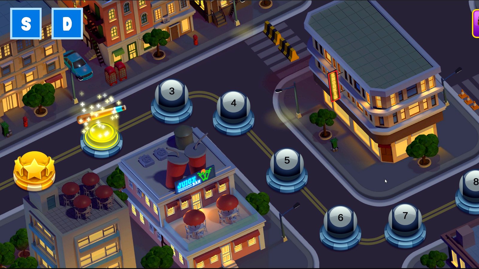 Android billiards game progression map with numbered level nodes in a city environment.