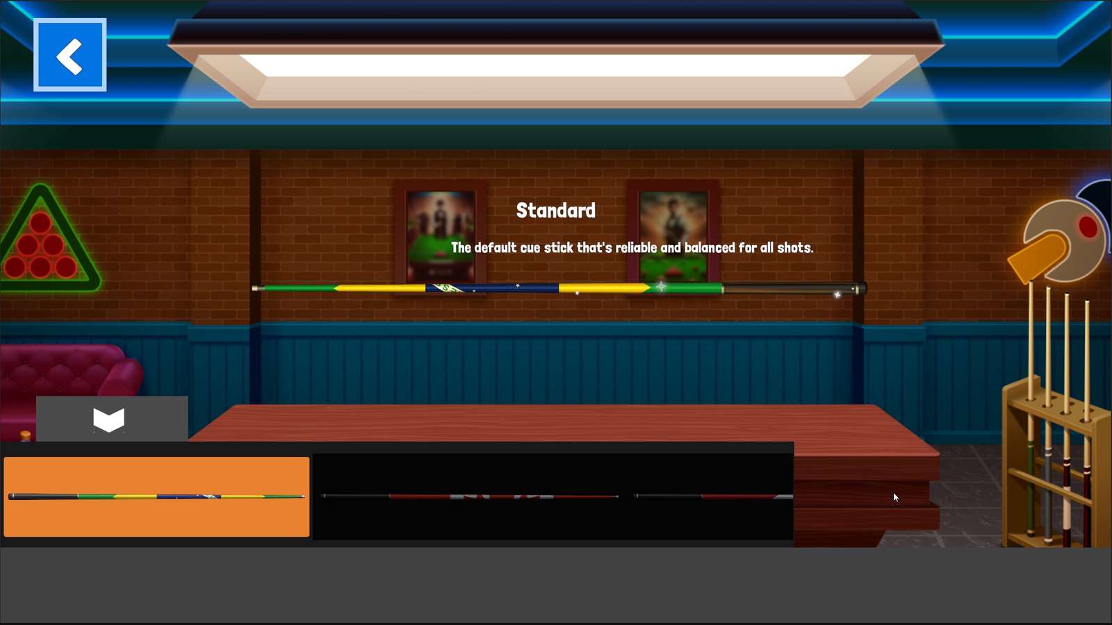 Android billiards game tutorial and cue selection screen explaining the standard cue.