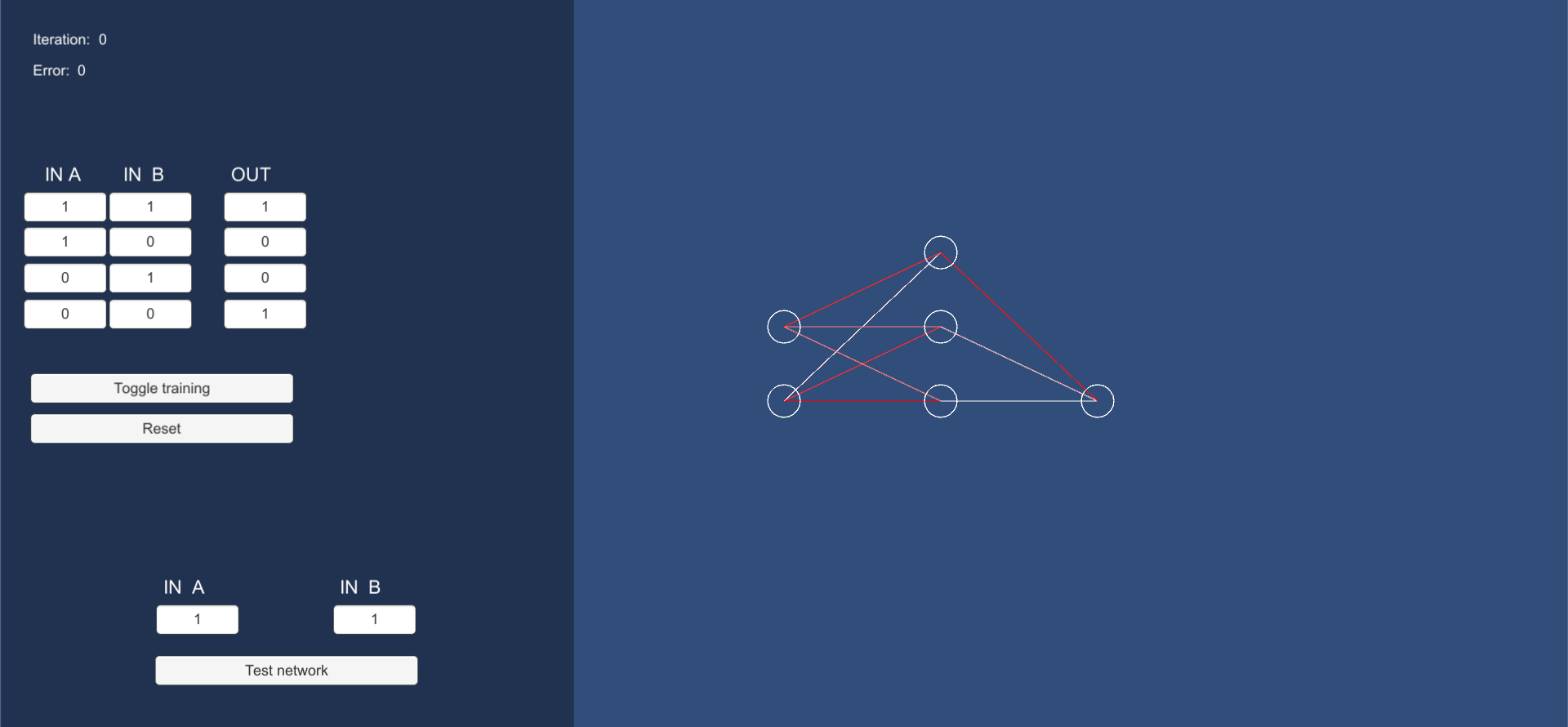 XOR learning demo showing the truth-table inputs, training controls and the small network graph.