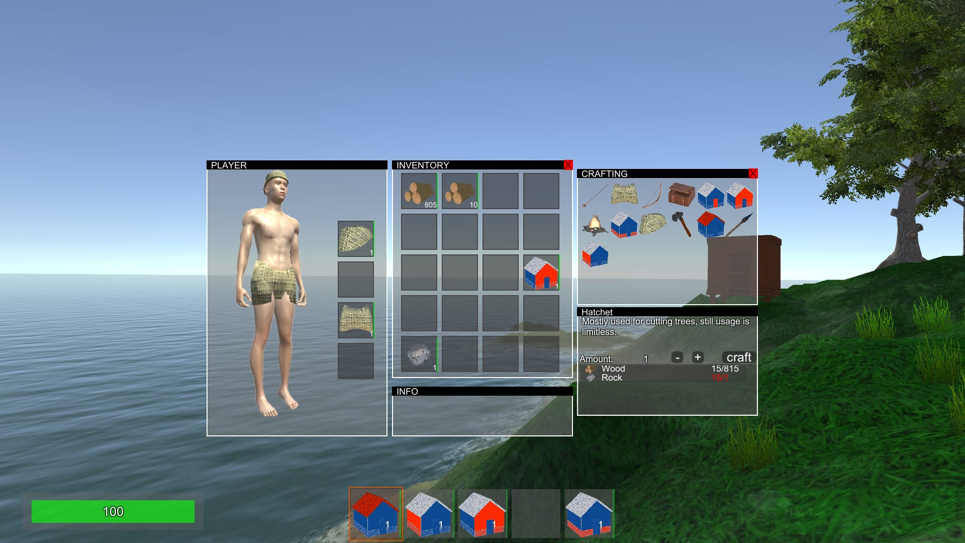 Survival Multiplayer Kit player, inventory and crafting panels with construction items in the hotbar.
