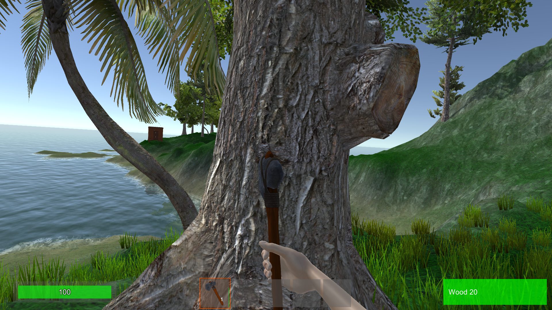 Survival Multiplayer Kit first-person view of cutting a tree with a hatchet, showing gathered wood.